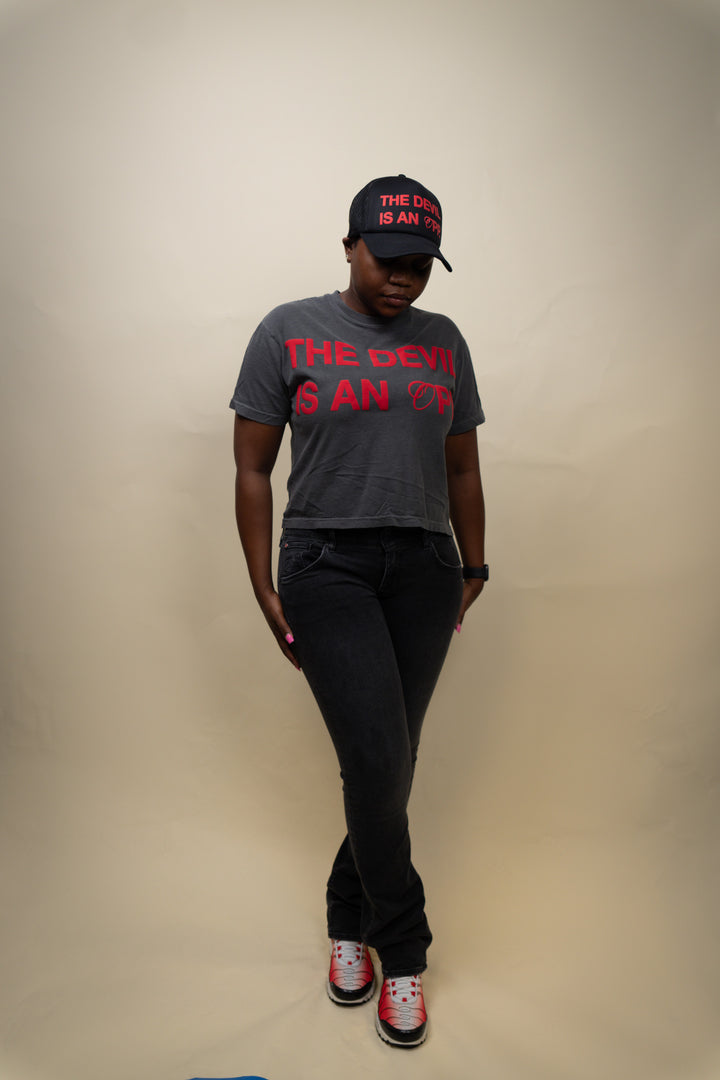 The Devil Is An Opp Womens Vintage Faded Crop Tee